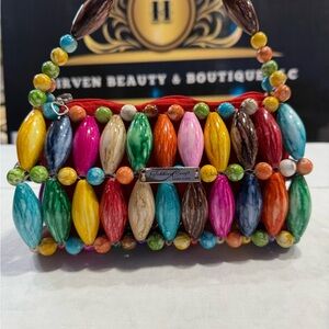 Colorful handcrafted Beaded Handbag with Multicolor Wooden Beads